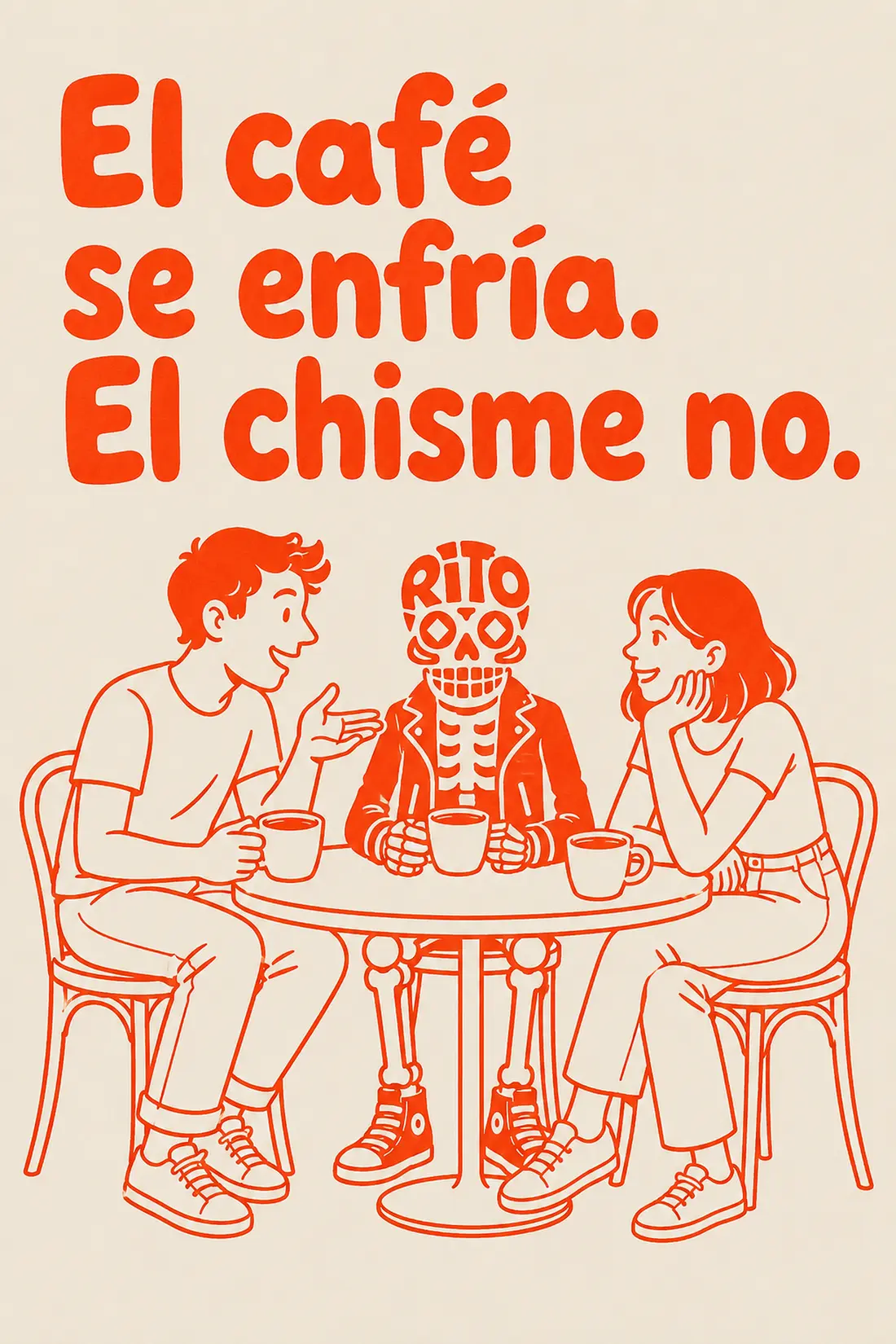 Tres amigos tomando café con la frase: El café se enfría. El chisme no